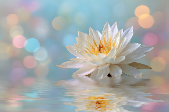 White lotus flower symbolizes purity in Buddhism floting on water with a soft lurry reflection on a pastl dream background