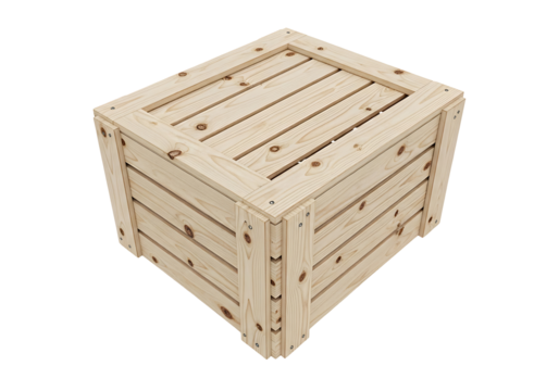 A light beige wooden crate with a simple, classic design is displayed against a black background.