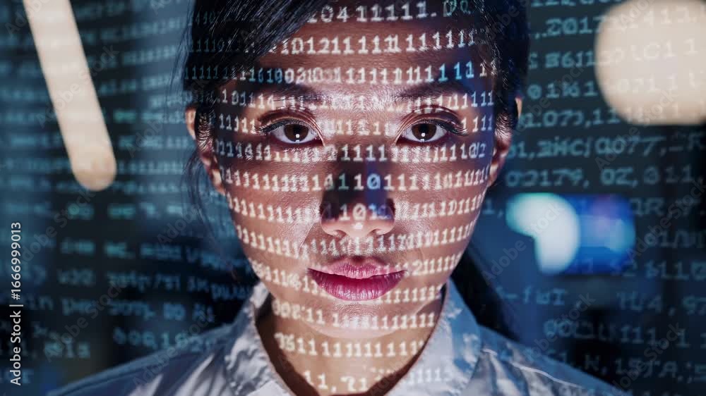 Poster close-up shot of a woman's face with binary code projected, symbolizing technology and data. ideal f