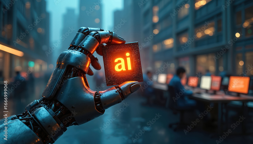 Poster robot hand holds glowing ai chip. cyberpunk office scene with people working at computers. dystopian