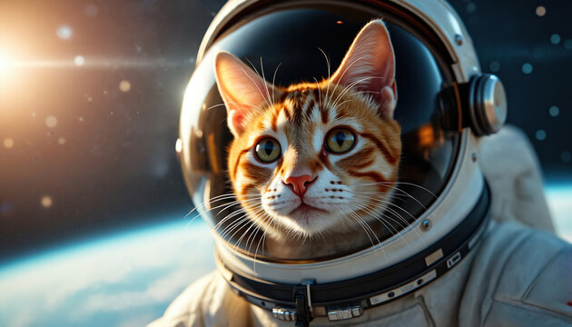 Ginger tabby cat wears astronaut helmet, floats in outer space. Earth visible below. Whimsical feline astronaut, cute pet in cosmos. Space exploration adventure, zero gravity science fantasy.