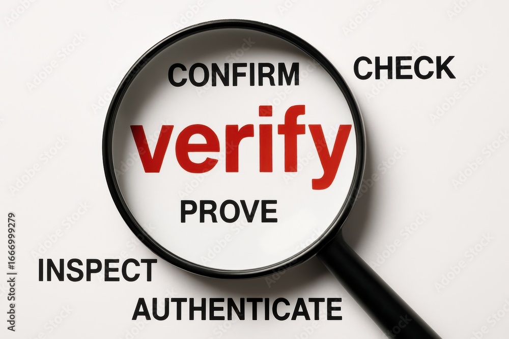 Poster verifying details: a close-up shot of a magnifying glass, focusing on the word verify with supportiv