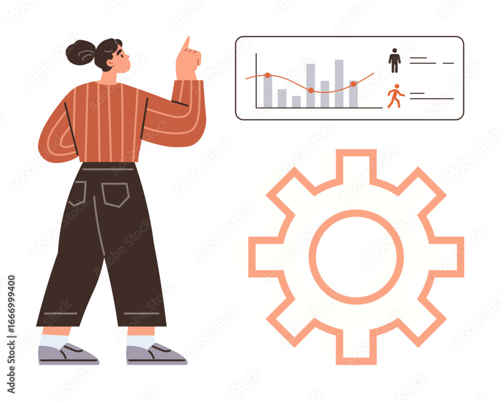 Poster woman pointing at data chart with bar graph and icons alongside a gear representing workflow optimiz