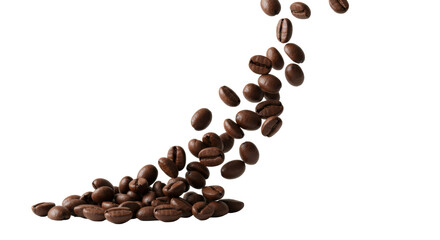 Dark roasted coffee beans in rich brown-black hues, varying sizes, frozen mid-flight, dynamically scattering on a transparent background with abundant negative space. Concept of invigorating