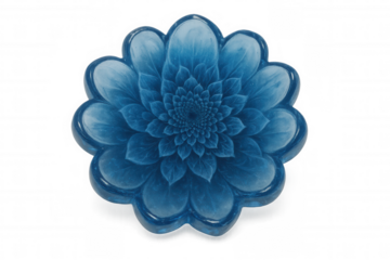 Blue resin dahlia flower displaying delicate petals, translucent design revealing intricate layering against transparent backdrop