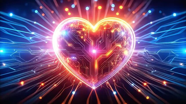 A vibrant, glowing heart made of circuits and technology, symbolizing digital love, artificial intelligence, and the future of connection
