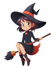 Cute witch girl flying on broom, a playful Halloween illustration perfect for kids' content, invitations, and spooky seasonal designs