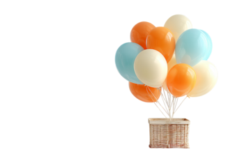 a top view of light blue, orange, and white balloons on the right side of an empty white wooden table. isolated on a transparent background in PNG format.