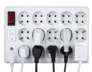 “Top-Down Flat Lay of Power Strip with Plugged-In Devices and Cables, Isolated PNG
