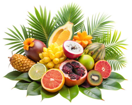Mixed Tropical Fruits with Palm Leaves