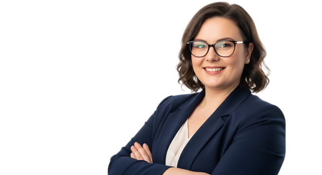 Smiling Businesswoman Wearing Glasses and Navy Blue Blazer with Arms Crossed Confidently Isolated on Black Background Professionally Posed Portrait Shot
