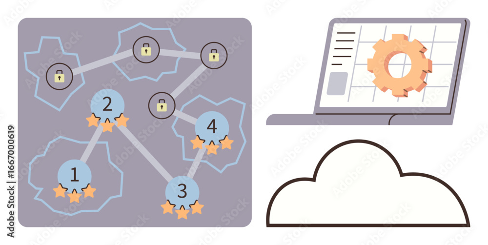 Poster secure network map with checkpoints, stars, and locks next to a laptop displaying a cogwheel for dat