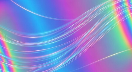 Obraz premium Abstract holographic waves with iridescent rainbow and blue gradient background, smooth flowing lines