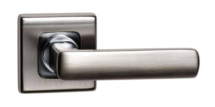 A close-up of a stylish brushed metal door handle set against a white background. transparent png