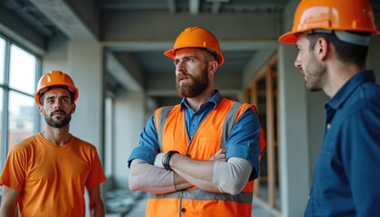 Three construction workers in orange hard hats, safety vests discuss plans at urban building site. Teamwork, safety are as they review blueprints, project progress in collaborative environment.