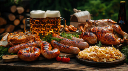 Oktoberfest grilled sausages, beer mugs and roasted chicken – created with AI