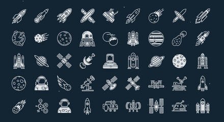 Explore the cosmos with this stunning collection of modern space exploration icons for your projects. © Avoxel