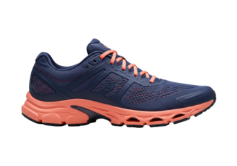 Ultra-modern blue and purple athletic running shoe with orange-coral laces and textured upper on transparent studio surface, soft lighting, concept of progress and readiness