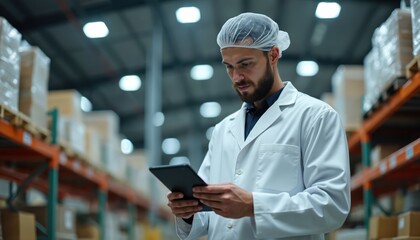 Food industry worker with beard, hairnet inspects tablet in distribution warehouse. Man in white lab coat checks inventory on device amidst shelves of boxes. Focus on supply chain management,
