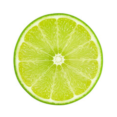 A pristine, freshly cut lime slice displaying translucent juicy pulp and vibrant green rind, wet, razor-sharp focus, isolated on transparent background, negative space. Concept of natural refreshment