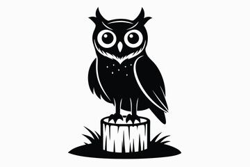 Stylized Black Owl Perched on a Wood Stump with Grass Accents Illustration