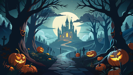 Spooky halloween night scene with a silhouetted tree and a bright full moon