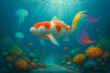 Naklejka premium A colorful koi fish swims gracefully underwater near jellyfish amidst a vibrant coral reef with sunlit rays