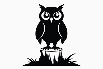 Silhouette Owl With Horns Perched Atop Tree Stump With Grass Around It