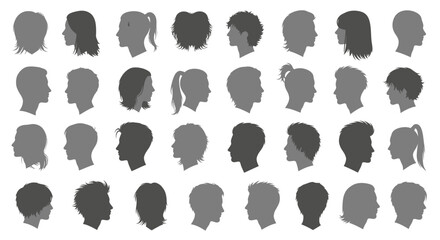 Diverse collection of modern male and female profile silhouettes showcasing various hairstyles and facial features