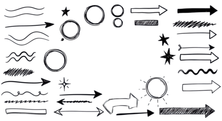 Clean, minimalist black-outlined doodle shapes (lines, scribbles, circles, stars, arrows, underlines) on transparent background, negative space, versatile graphic design asset concept