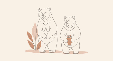 Charming illustrated bears stand together, one holding a vase of flowers, evoking warmth and nature.