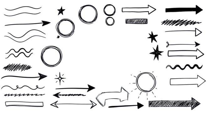 Clean, minimalist black-outlined doodle shapes (lines, scribbles, circles, stars, arrows, underlines) on transparent background, negative space, versatile graphic design asset concept - Powered by Adobe