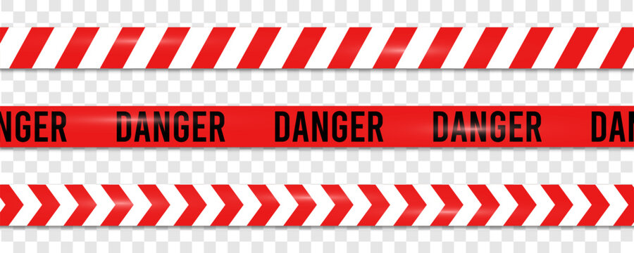 Caution tape set. Realistic warning tapes red and white stripes. Warning ribbons for construction area, crime scene or danger zone. Police cautionary stripe or barrier lines. Vector.