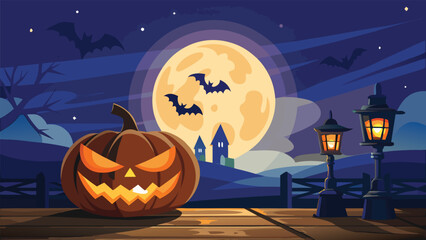 Spooky halloween scene with glowing carved pumpkin and autumn elements