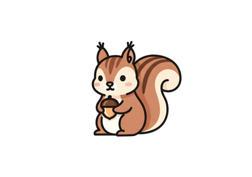 A stylized, cartoon squirrel holds an acorn against a black backdrop, showcasing simple lines and warm brown tones.