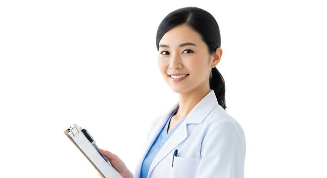 Asian female doctor wearing white lab coat holding clipboard smiling confidently in medical consultation context isolated on black background