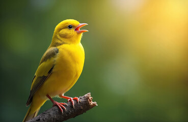 Bright yellow bird perched on natural tree branch. Beak open, singing joyfully in soft morning light. Vibrant scene happiness, nature melody. Blurred green background enhances bird striking color.