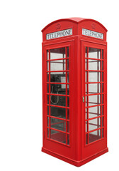 A single, vibrant red British K6 telephone booth with glass panes and a golden handle, isolated on a transparent studio background with soft lighting, concept of global connection and heritage