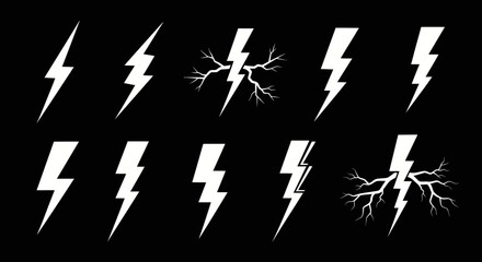 Dynamic lightning bolt icons symbolizing power, energy, and force in crisp white on black