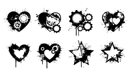 Bold grunge hearts and stars with industrial gears, dynamic ink splatters for edgy design projects