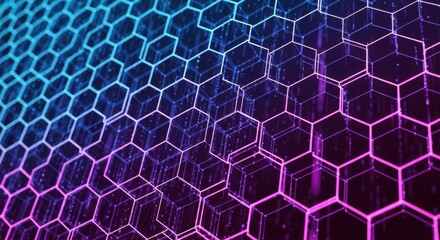 Fototapeta premium A futuristic digital network of glowing blue and purple hexagons creates a mesmerizing abstract technological background
