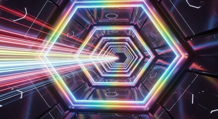 Fototapeta premium A futuristic hexagonal tunnel with vibrant rainbow neon lights and streaks of light suggesting rapid movement through space