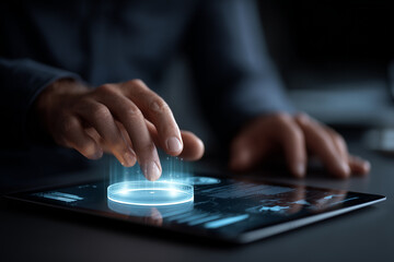 Businessman using laptop with glowing holographic analytics hovering in air.
