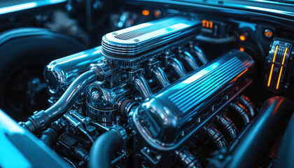Futuristic metallic car engine, V8 configuration, showcases chrome components, blue neon lighting. Intricate detailing on pipes, polished surfaces suggests advanced engineering, high performance.