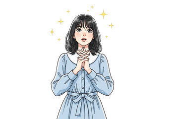 Anime girl with a hopeful expression, hands clasped in anticipation isolated on transparent background, radiating a sense of innocence and charm
