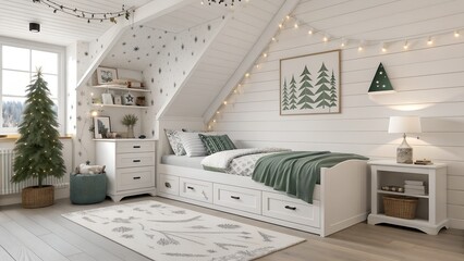 White minimalist scandinavian child bedroom with mini fir tree and platform bed and reading nook for US homes