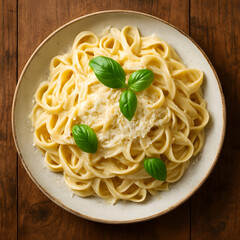 Creamy Fettuccine Alfredo Pasta with Basil and Parmesan Cheese