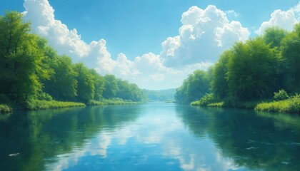 Fototapeta premium Serene river flows through green forest under bright blue sky with fluffy clouds. Vibrant reflections of trees, sky create peaceful, tranquil summer scene. Natural landscape offers calm, idyllic