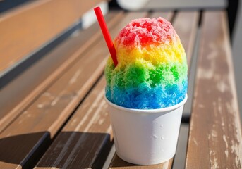 Rainbow Shaved Ice in White Cup with Red Straw – Colorful Summer Dessert
