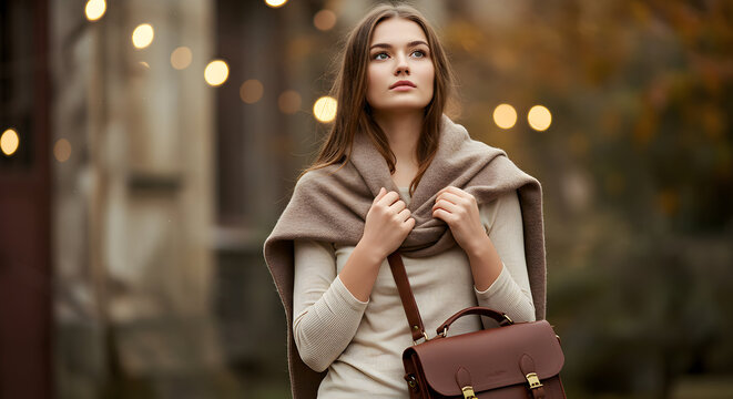 Young woman autumn fashion stylish bag outdoor fall season brown leather handbag sophisticated elegant modern look street style
